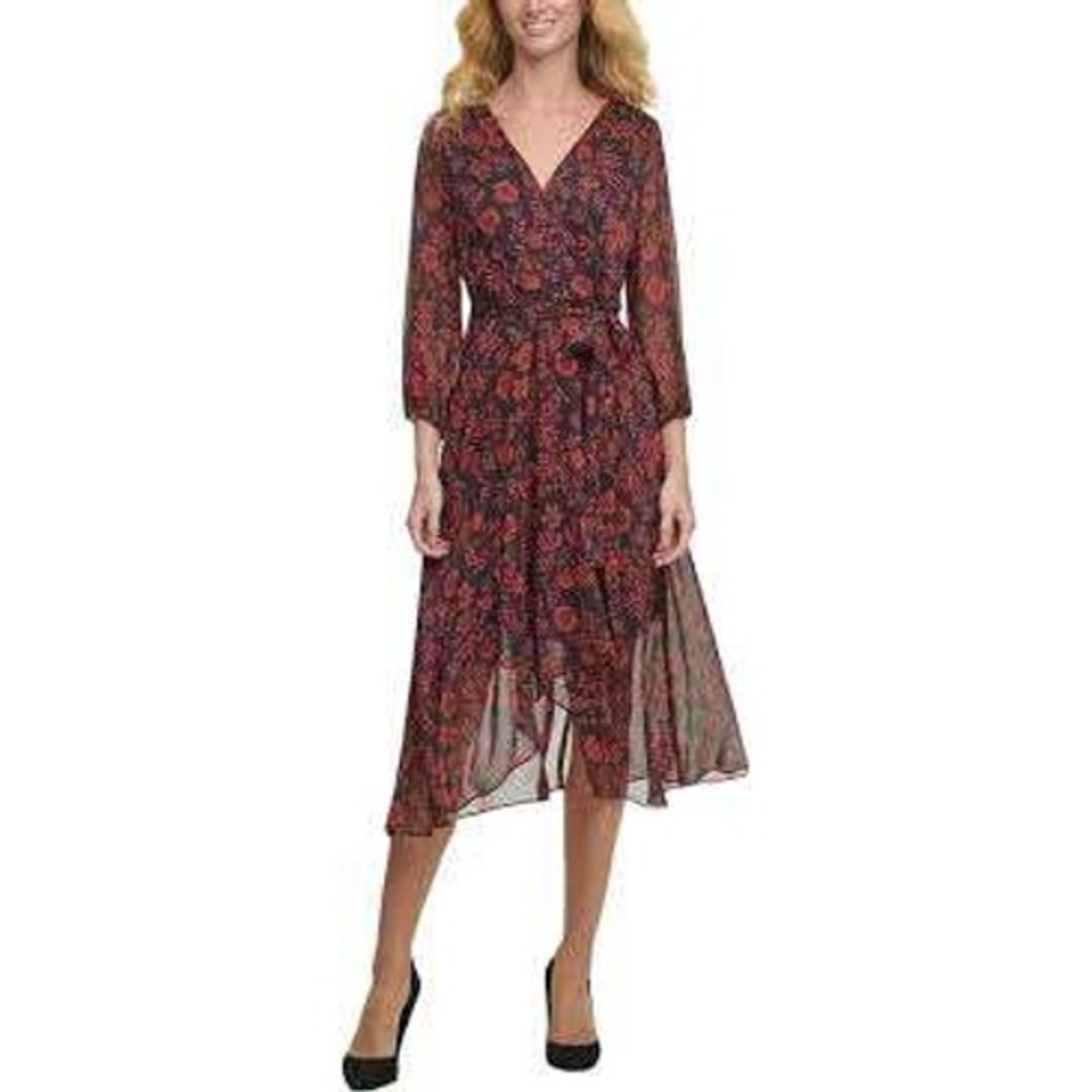 Tommy Hilfiger Almeria Floral Midi Dress Black Scarlet 6 Dark Romantic NEW